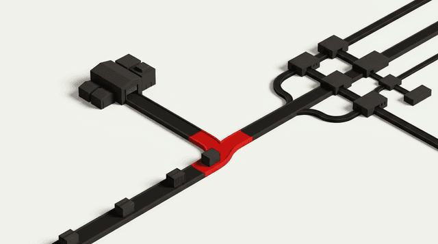 Isometric illustration of a parcel path splitting at a red junction into a small in-house warehouse and a large 3PL network.