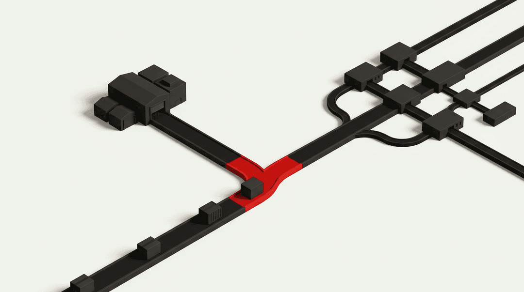 Isometric illustration of a parcel path splitting at a red junction into a small in-house warehouse and a large 3PL network.