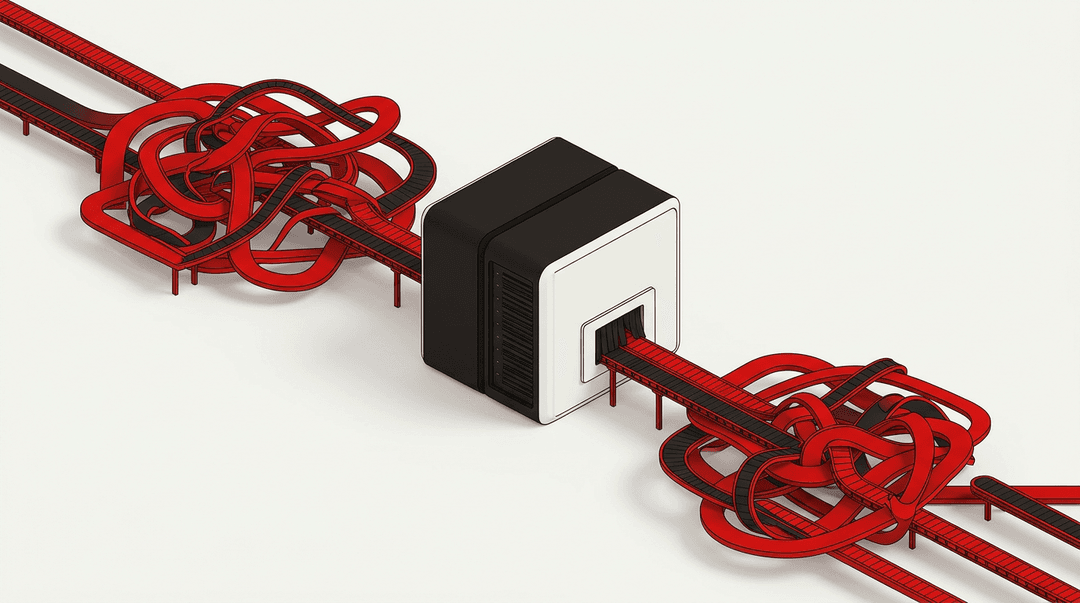 Isometric illustration of tangled conveyor belts passing through a software box and emerging just as tangled and messy.